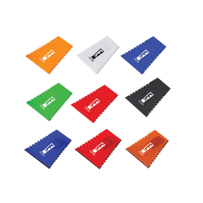 A collection of ice scrapers in various colours: green, blue, red, orange, black, and white, featuring a logo.