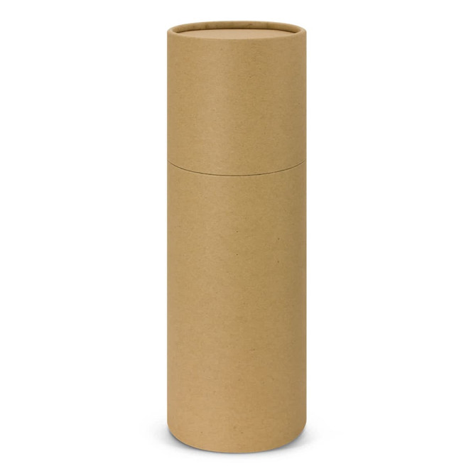 A drink bottle in a cylindrical, kraft paper packaging. The bottle is insulated and features a simple design.