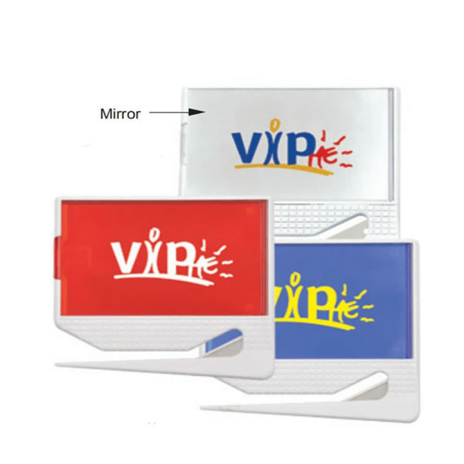 A letter opener featuring a mirror, available in red, blue, and white, with a logo on each.
