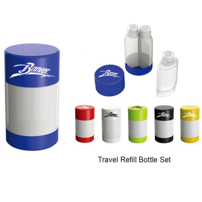 A drink bottle set featuring a blue container with several refill bottles in red, green, yellow, black, and clear.