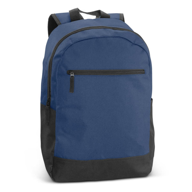 A navy blue backpack with a black base, featuring one front pocket and adjustable shoulder straps.
