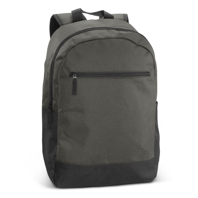 A green and black backpack featuring a front zip pocket and two shoulder straps. It has a logo on the front.