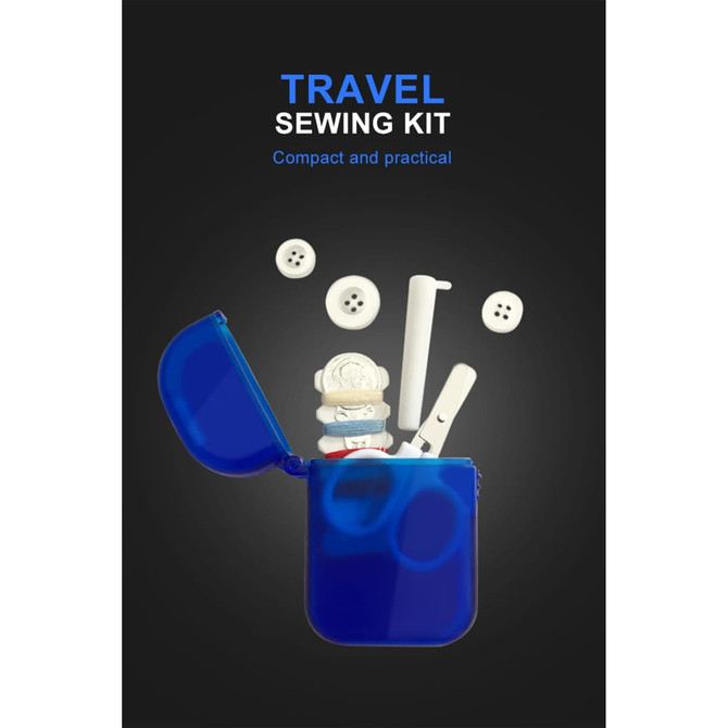 A blue travel sewing kit containing buttons, thread, a needle, and a thimble, all packaged in a compact case.
