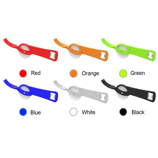 A selection of pizza cutters with bottle openers in red, orange, green, blue, white, and black, featuring logos.