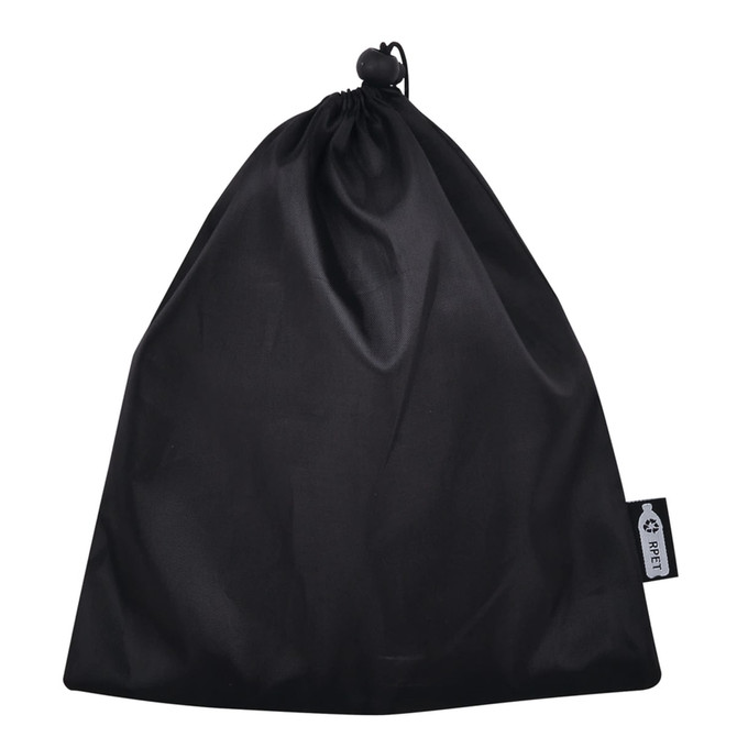 A black drawstring bag made of smooth material, featuring a toggle closure and a small tag.