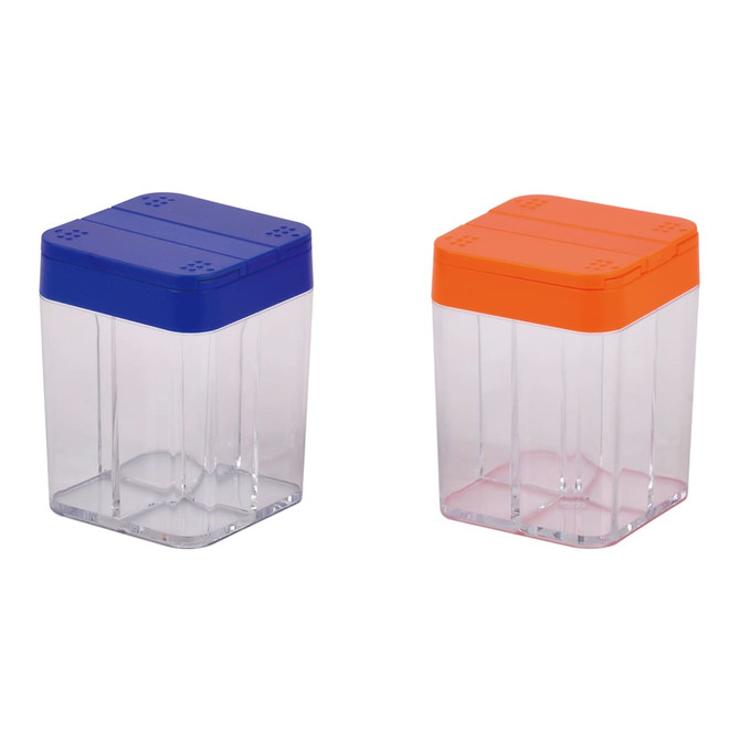 Two transparent spice containers with blue and orange lids, featuring a square design and ventilation holes.