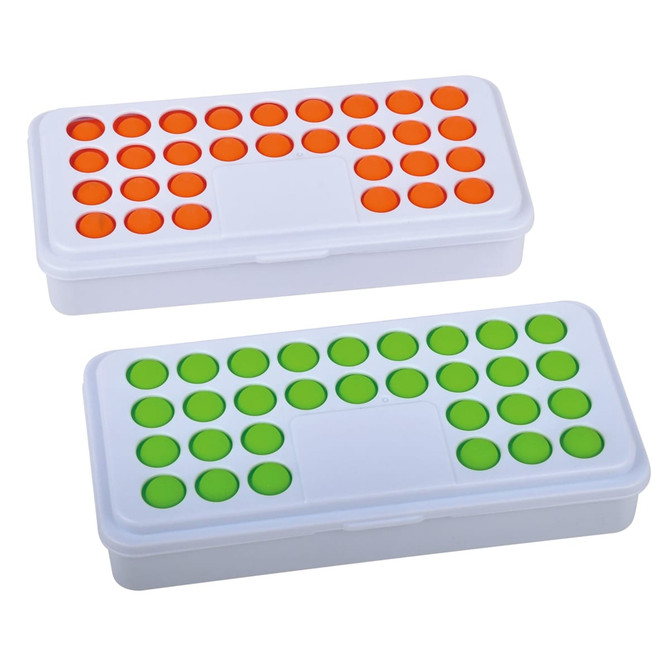 A novelty bubble popper featuring green and orange bubbles on a white container, with a smooth surface and logo.