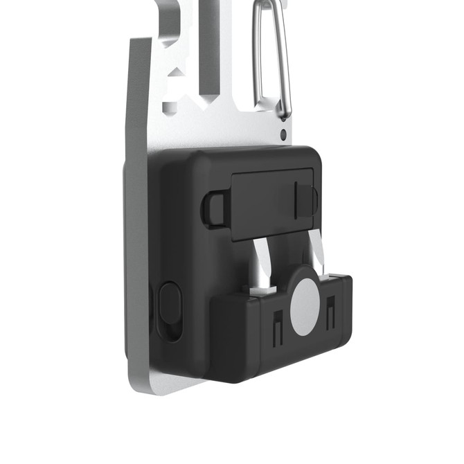 A compact black and silver tool set featuring a keyring attachment, with various tools integrated into the design.