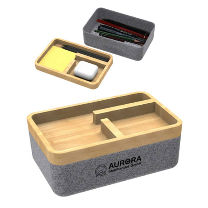 A felt box with a bamboo lid, featuring two compartments, grey felt exterior, and a logo on the front.