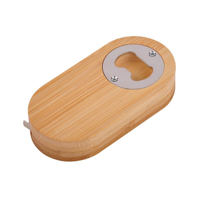 A drink bottle opener with a stainless steel opening, made from natural bamboo, featuring a tape measure.