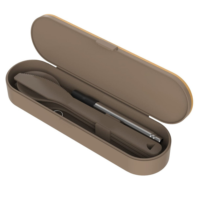 A cutlery set in a tan case featuring a knife, fork, spoon, and a pen. The case has a smooth finish and a logo.