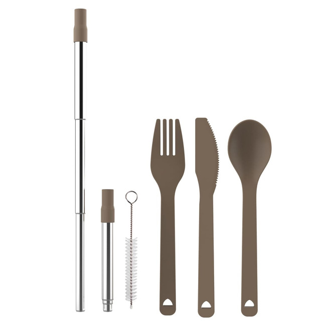 A cutlery set featuring a stainless steel straw with a cleaning brush, and brown utensils including a fork, knife, and spoon.