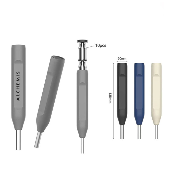 A tool set featuring grey, navy, and cream tool handles with a variety of interchangeable tips, labelled with a logo.