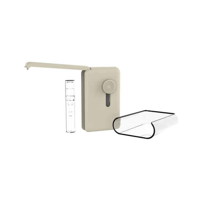 A beige screen cleaner with a pump mechanism alongside a clear, curved brush container. Features a logo on the cleaner.