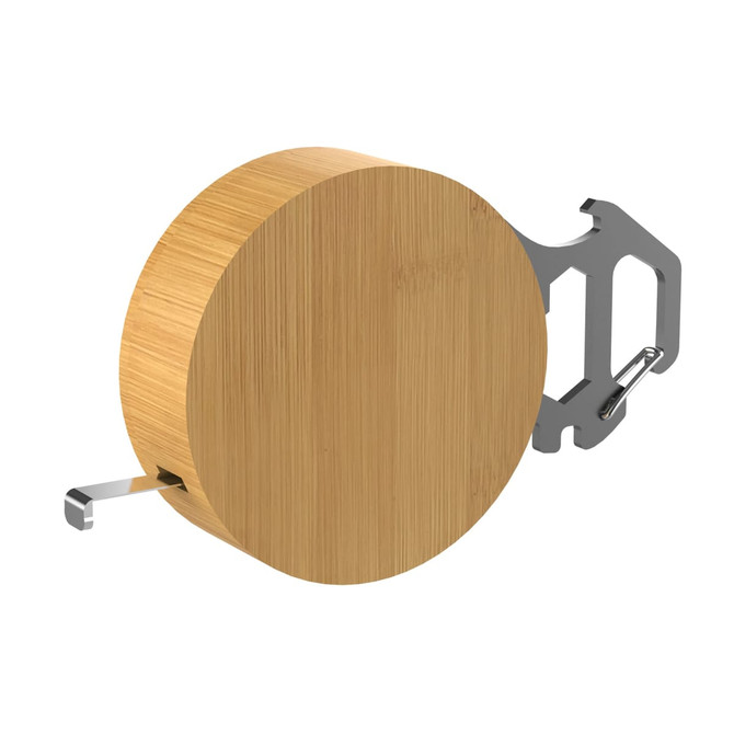 A round bamboo tool set with a metal clip, featuring a retractable measuring tape and multiple tool functions.