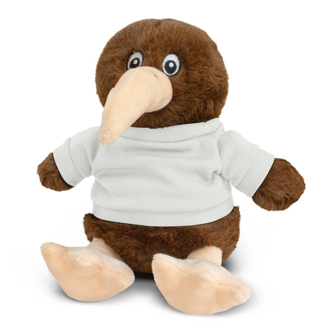 A brown kiwi plush toy with a white shirt, featuring round eyes and a long beak, sitting down.