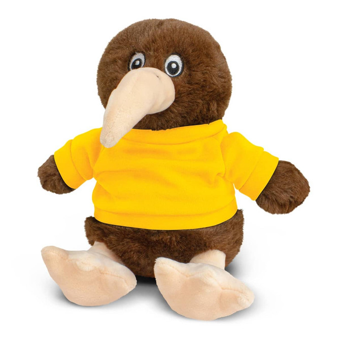 A plush kiwi toy in brown with a yellow shirt, featuring a large beak and small eyes. It has a logo on the shirt.