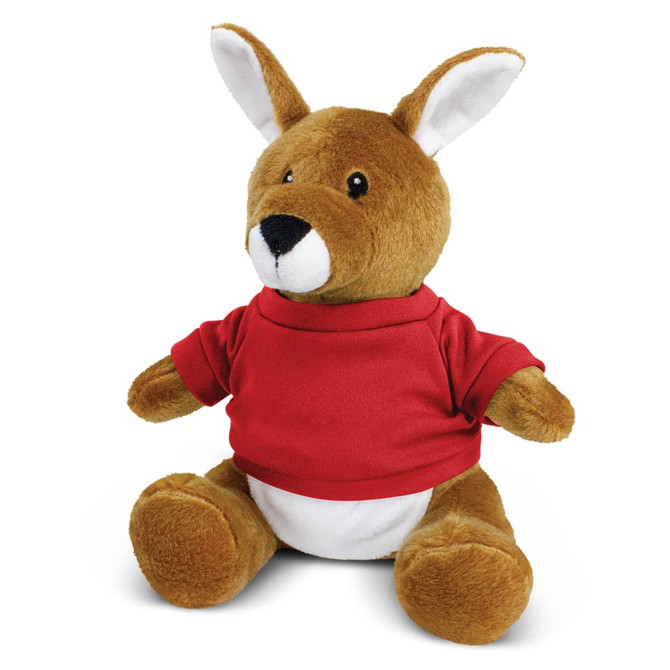 A brown plush kangaroo toy wearing a red shirt, featuring a soft body and large ears. It has a logo on its shirt.