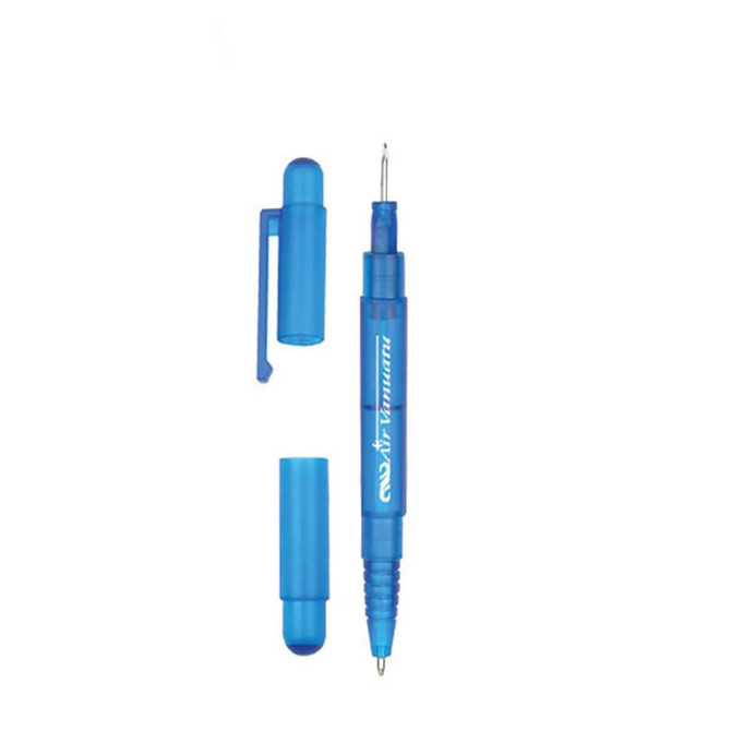 A blue ballpoint pen with a cap and a moulded grip, featuring a branding logo on the barrel.