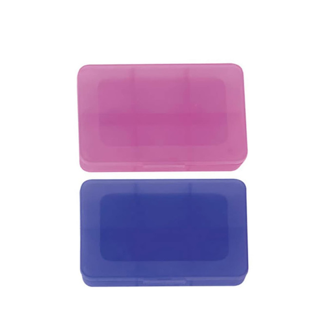 Two pill boxes, one pink and one blue, with a translucent design and a hinged lid. Each box features compartments inside.