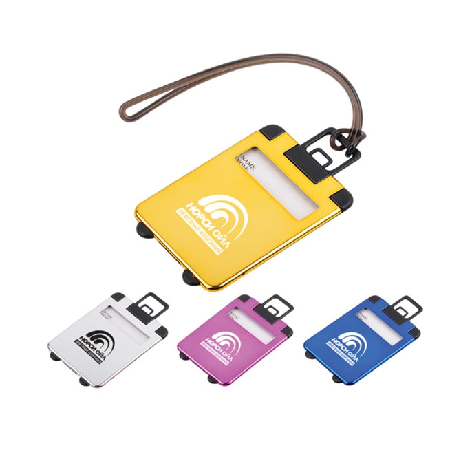 A set of luggage tags in yellow, white, pink, and black, each featuring a logo and a clear identification window.