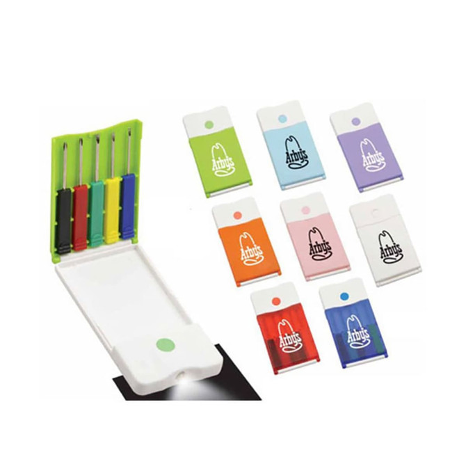 A tool set for clocks and watches, featuring multiple coloured tools in a compact case with a light.