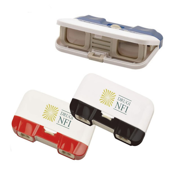 Compact binoculars in red, white, and black, featuring a logo on each unit. Each pair is designed for outdoor use.