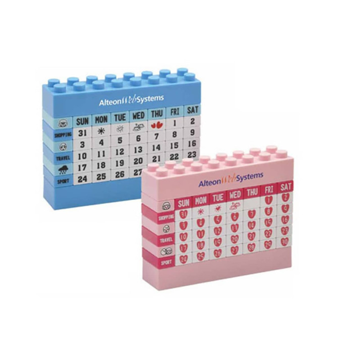 A desk calendar set featuring a blue and a pink calendar, both with colourful icons and a logo.