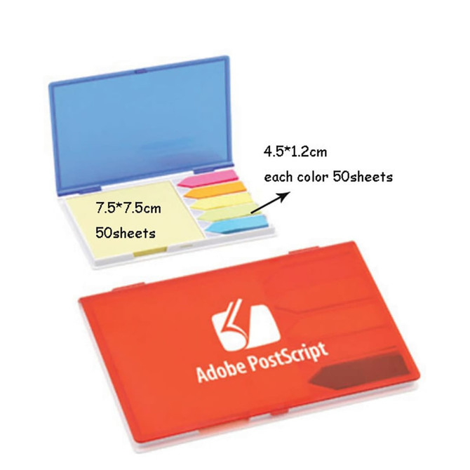 A red and blue memo holder with sticky notes and coloured tabs inside; features a logo on the front.