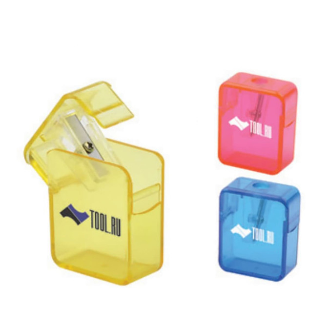 A pencil sharpener set featuring yellow, pink, and blue plastic sharpeners, each with a logo.