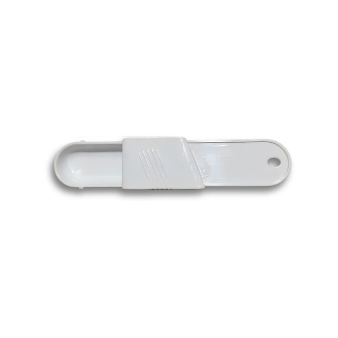 A white measuring scoop with a flat design and rounded ends, featuring a small hole for hanging.
