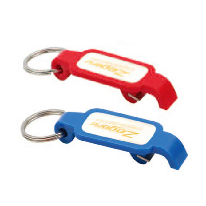 A drink bottle opener in red and blue, featuring a keyring attachment and a branded section.