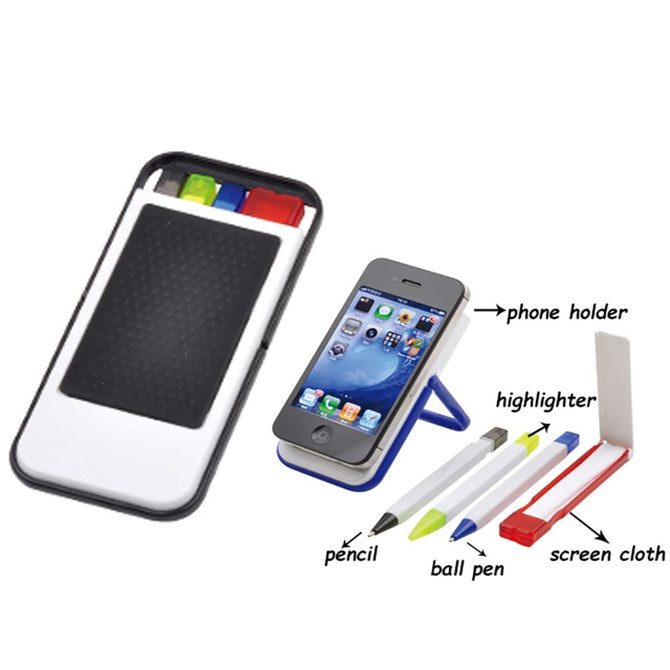 Mobile holder in black and white with red, blue, green, and yellow pens, and a screen cloth. Features a phone stand.
