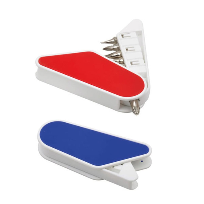 A compact tool set in red and blue, featuring a white casing with multiple screwdrivers and a keyring attachment.