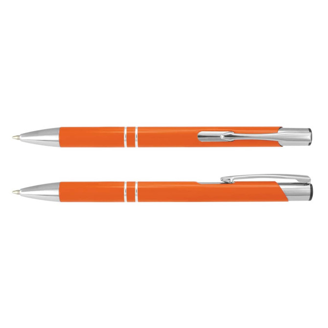 An orange metal pen with silver accents, featuring a sleek design and a clip for easy attachment.