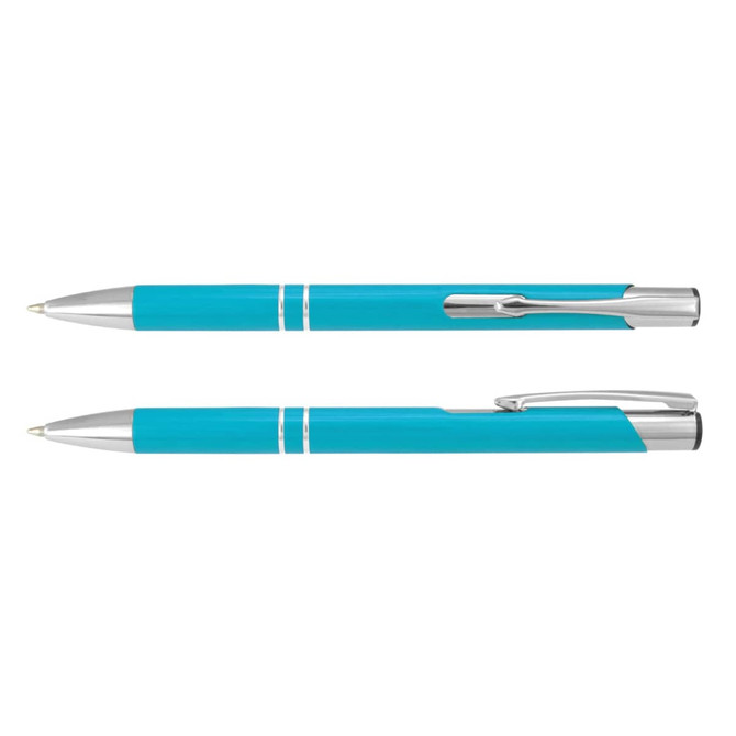 A turquoise metal pen with silver accents, displayed from multiple angles. The pen features a clip and decorative lines.