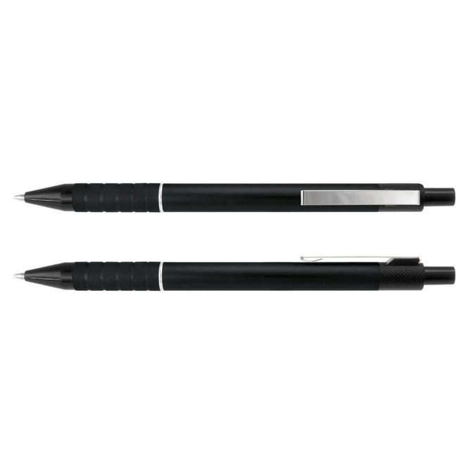 A black metal pen with a textured grip and silver accents, featuring a clip and a sleek design.