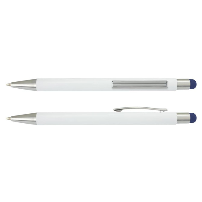 White barrel stylus pen with a silver clip and a blue rubber tip for touchscreen use. Features a branding logo.