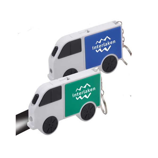 A tool set featuring a light and a tape measure, presented in a truck-shaped design with blue and green colours.