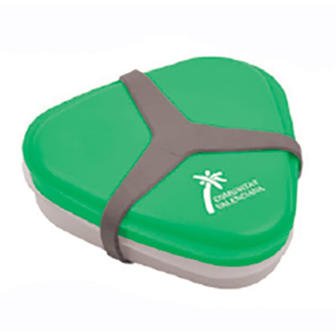A triangular green lunch box with a silicone band, featuring a logo, and a white base.