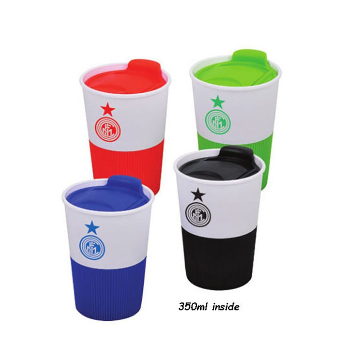 A drink bottle collection featuring four cups with silicone cases in red, green, blue, and black, each with a logo.