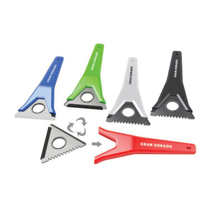 A set of ice scrapers in blue, green, black, and white, featuring changeable heads and a logo.