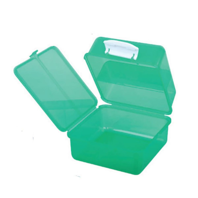 A green lunch box with a transparent lid, featuring two compartments and a white latch.