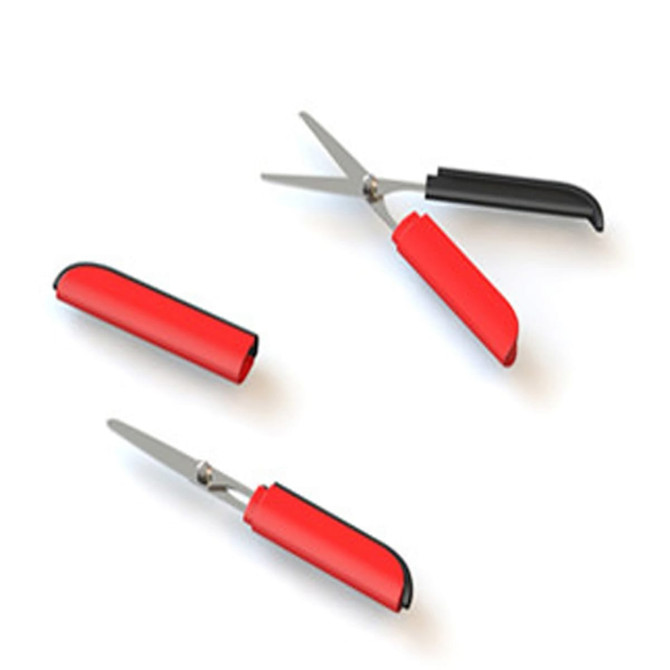 A pair of red scissors with black handles and a protective cover, featuring a sleek design.