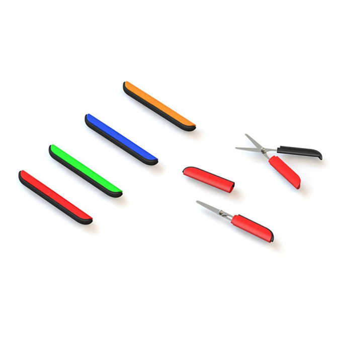 A collection of scissors and knife tools in red, green, blue, orange, and black, featuring a logo.