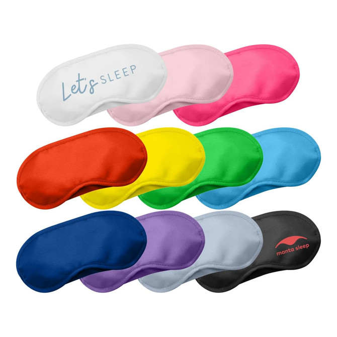 A collection of eye masks in various colours including white, pink, red, yellow, green, blue, purple, and black, with some featuring branding.
