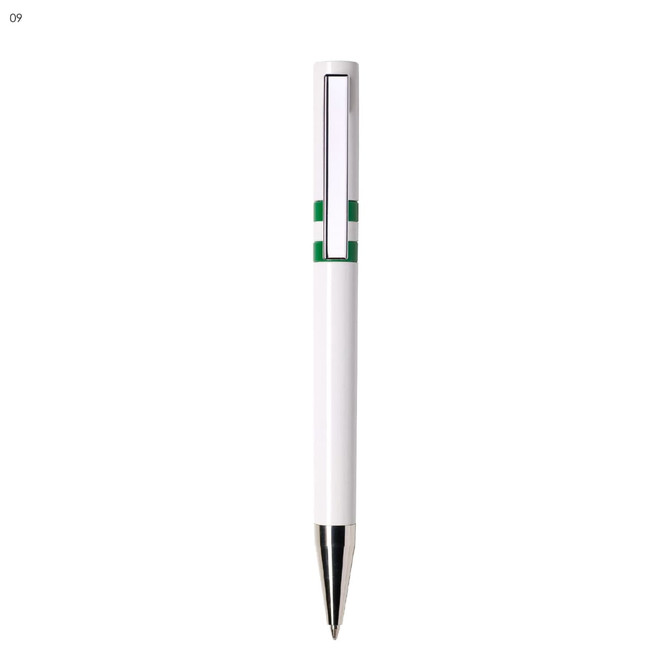 A white plastic pen featuring green accents and a silver tip, with a branding logo on the body.