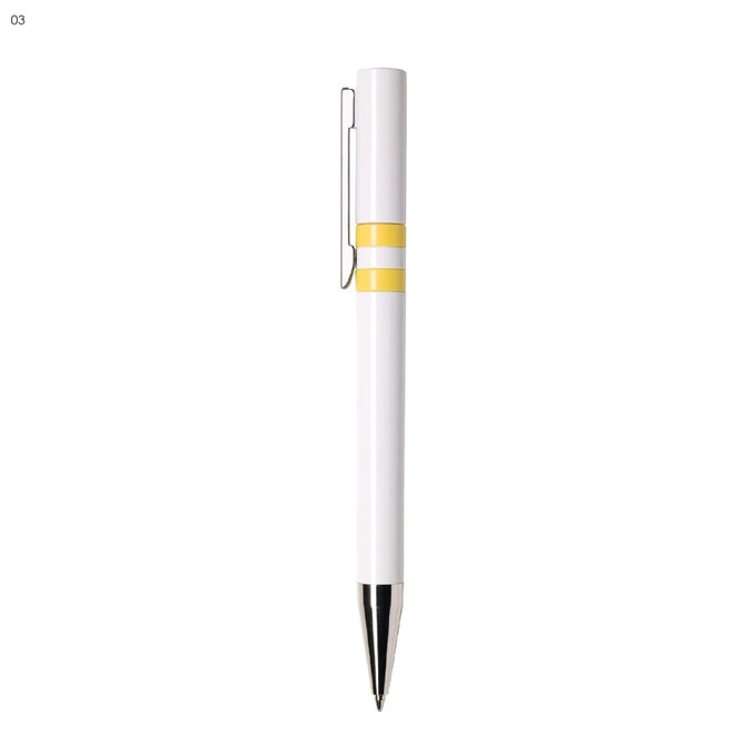 A white plastic pen with yellow accents and a metal clip, featuring a branding logo on the barrel.