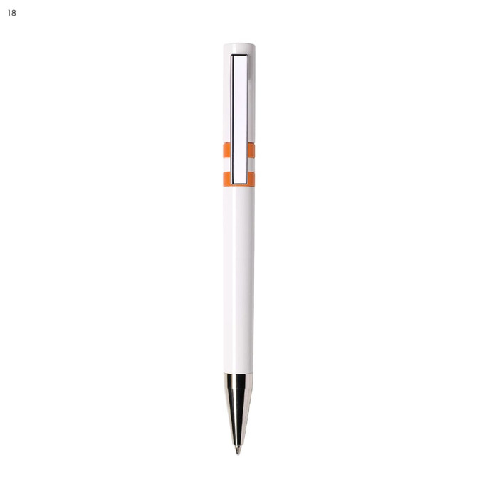 A white plastic pen with an orange accent and a silver tip. The pen features a branding logo.