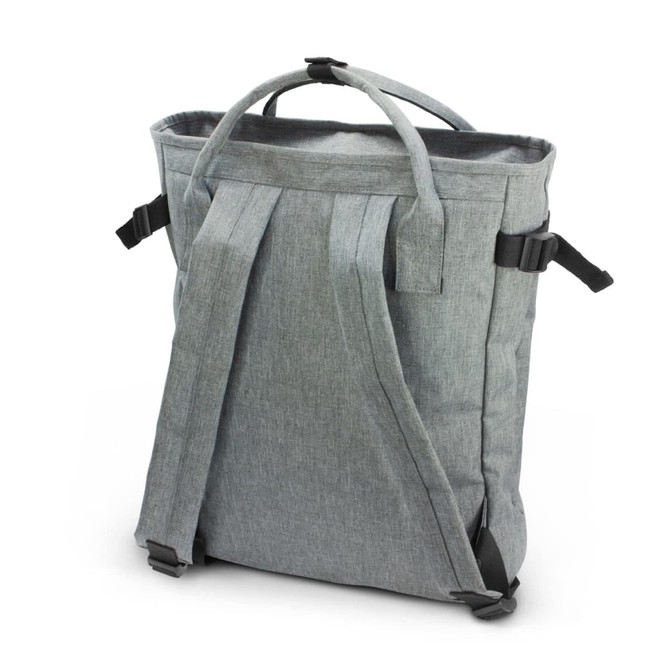 A grey tote backpack with adjustable straps and a top handle. The fabric has a textured appearance and includes a logo.
